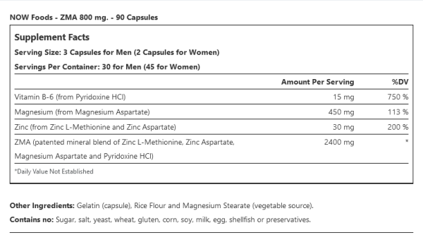 NOW Foods ZMA Sports Recovery 90 Capsules 800mg Repair Zinc Magnesium Vitamin B6 - Image 2