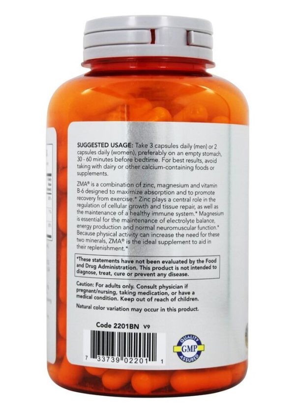 NOW Foods ZMA Sports Recovery 180 Caps 800mg Repair Zinc Magnesium Vitamin B6 - Image 2