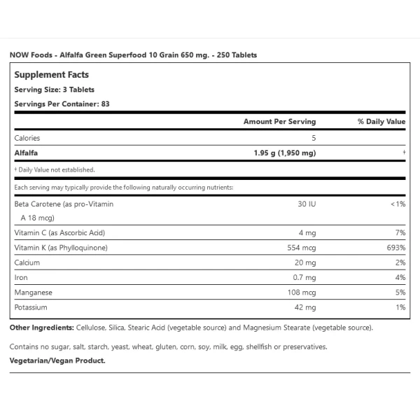 NOW Foods - Alfalfa Green Superfood 10 Grain 650 mg. - 250 Tablets - Image 3