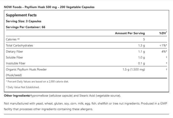 NOW Foods - Psyllium Husk 500 mg. - 200 Vegetable Capsules - Image 5