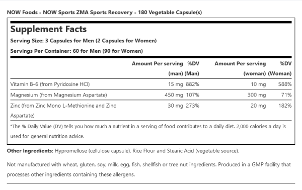 NOW Foods ZMA Sports Recovery 180 Caps 800mg Repair Zinc Magnesium Vitamin B6 - Image 6