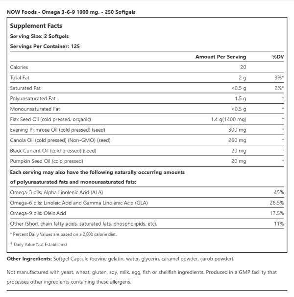 NOW FOODS Omega 3-6-9 1000mg Essential Fatty Acids 250 Softgel - Image 5