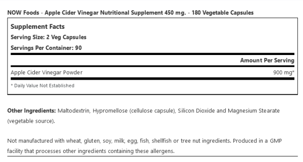 Now Foods, Apple Cider Vinegar, 450 mg, 180 Capsules - Image 5