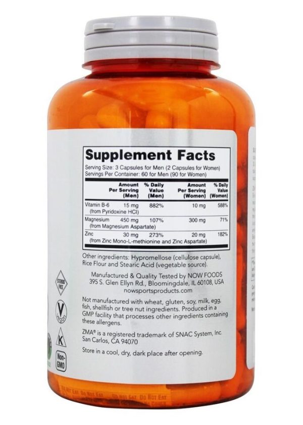 NOW Foods ZMA Sports Recovery 180 Caps 800mg Repair Zinc Magnesium Vitamin B6 - Image 5