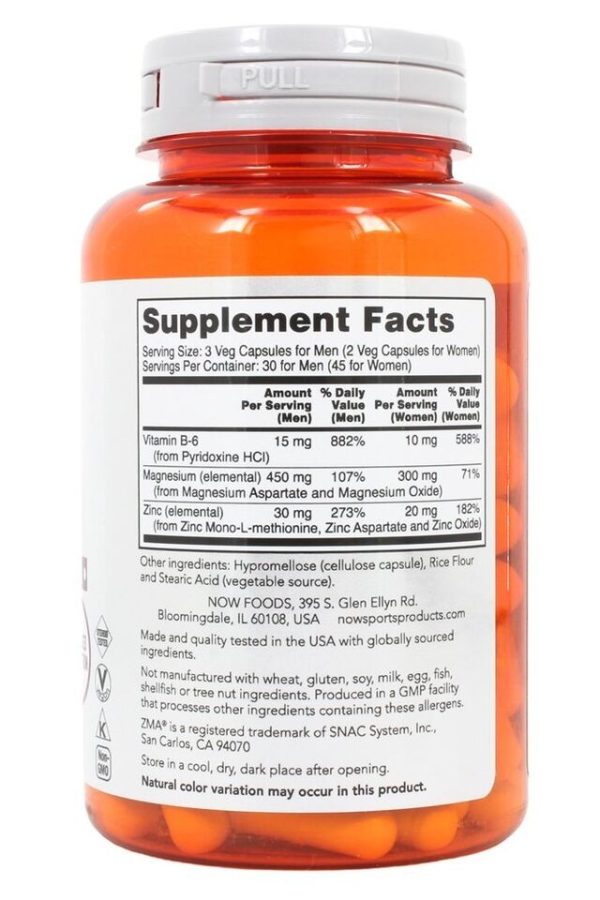 NOW Foods ZMA Sports Recovery 90 Capsules 800mg Repair Zinc Magnesium Vitamin B6 - Image 4